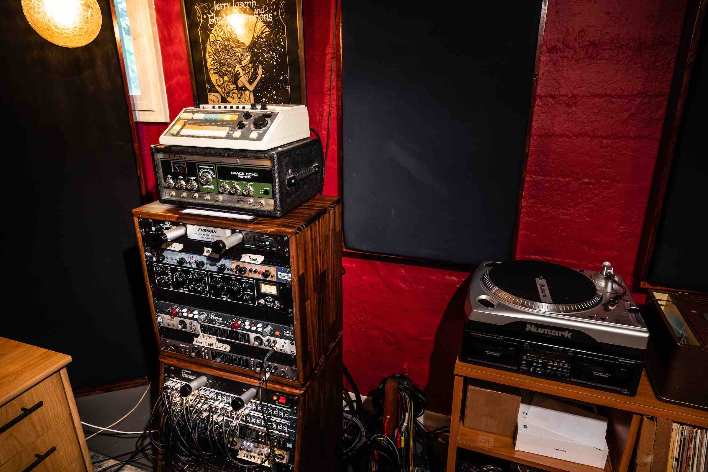 A gear rack at the Panther studio in Portland, OR.